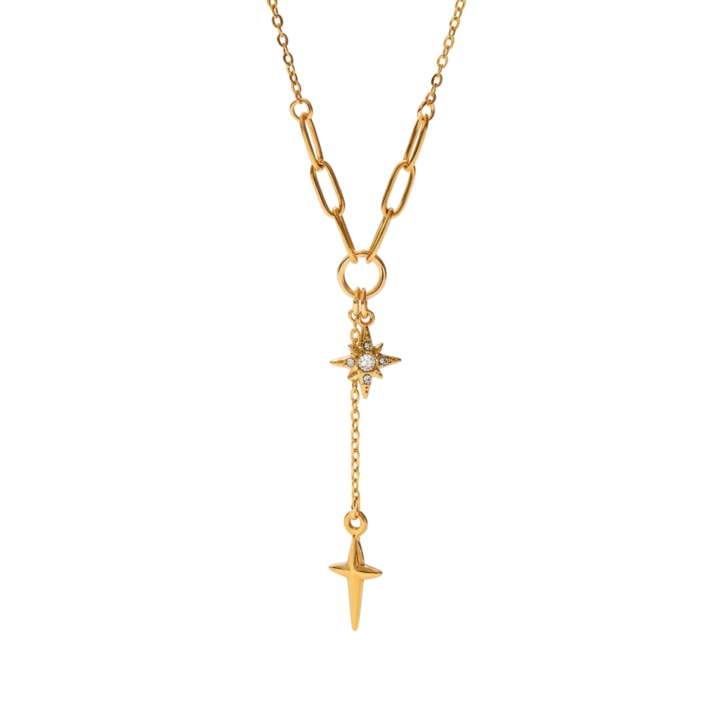 18K Gold Guiding Star Y Shape Heart Tennis Paperclip Chain Layered Necklace Set