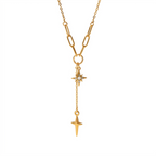 18K Gold Guiding Star Y Shape Heart Tennis Paperclip Chain Layered Necklace Set