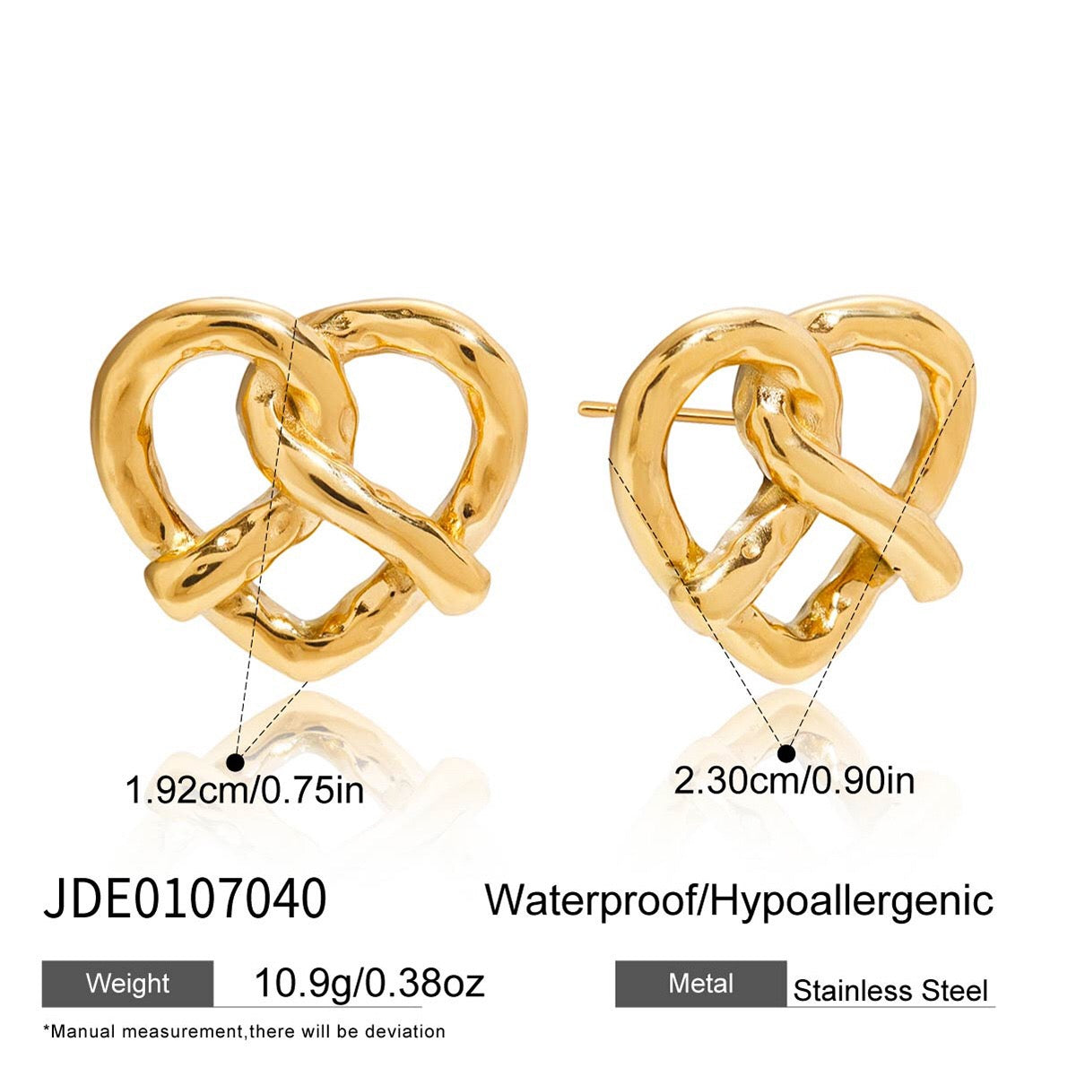18K Gold Heart Pretzel Cute Stud Earrings