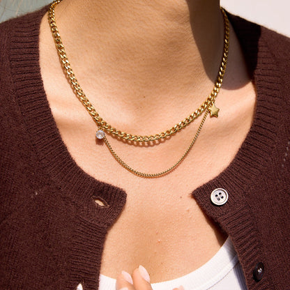 18K Gold Nova Star Cuban Link Chain Layered Necklace