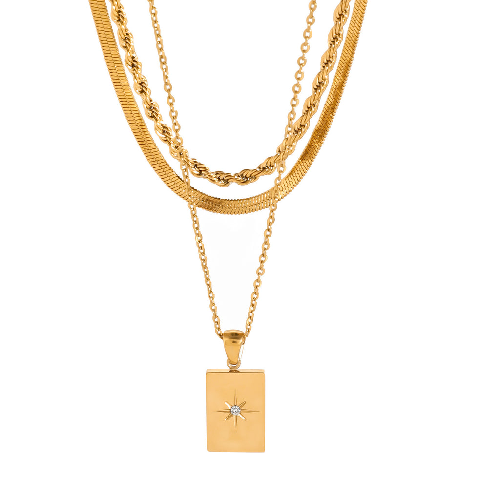 18K Gold Starburst Pendant Herringbong Snake Rope Chain Layered Necklace