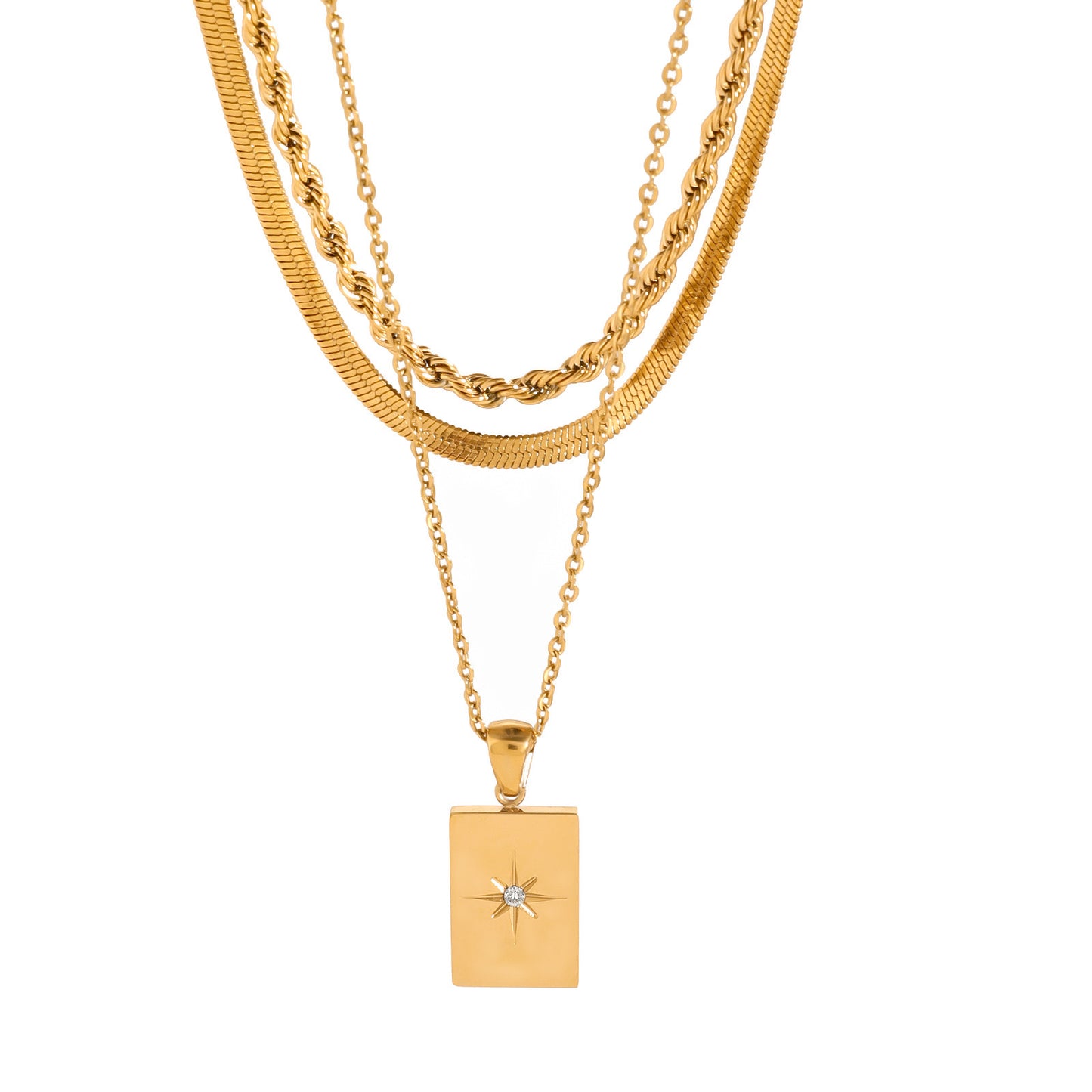 18K Gold Starburst Pendant Herringbong Snake Rope Chain Layered Necklace