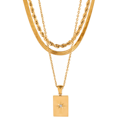 18K Gold Starburst Pendant Herringbong Snake Rope Chain Layered Necklace