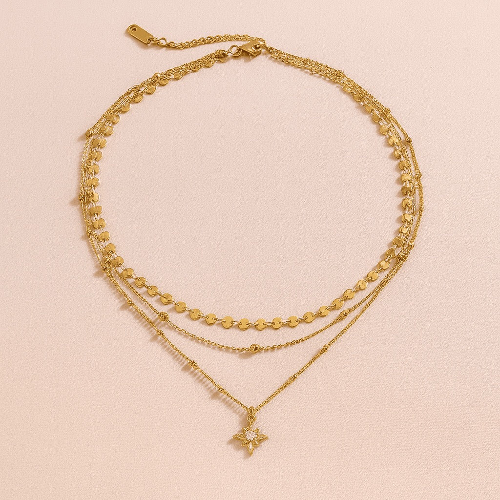 18K Gold Northern Star Pendant Chain Layered Necklace Set