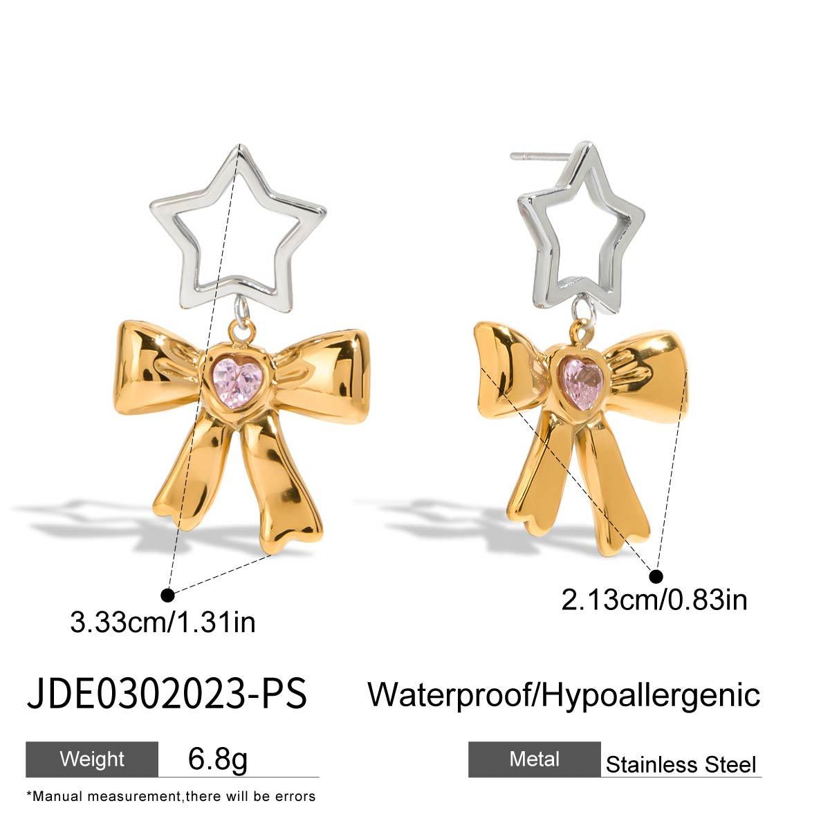 18K Gold Silver Star Pink Jewel Bow Statement Stud Dangle Earrings