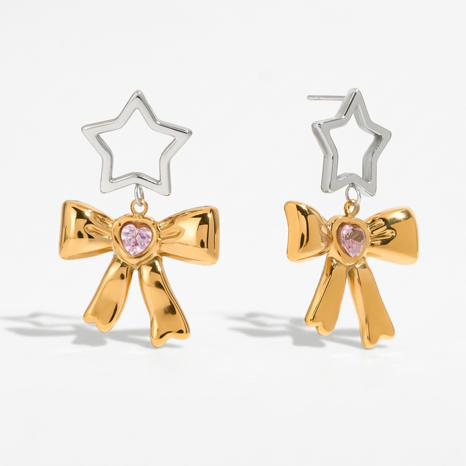 18K Gold Silver Star Pink Jewel Bow Statement Stud Dangle Earrings