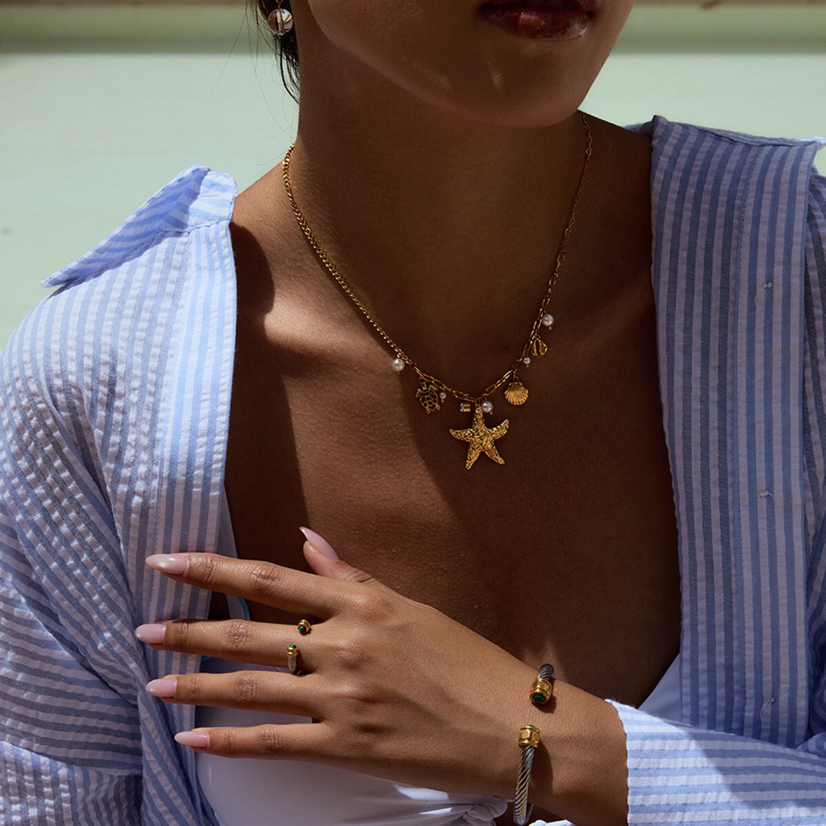 18K Gold Starfish Beach Pearl Beads Charm Necklace