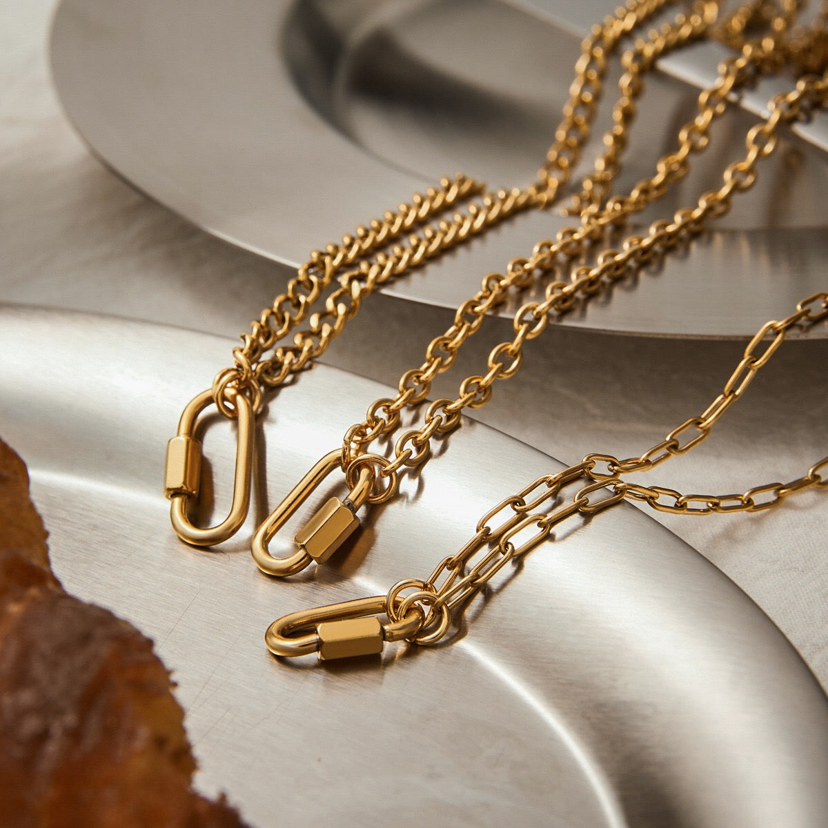 18K Gold Carabiner Paperclip Cuban Link Cable Chain Charm Necklace