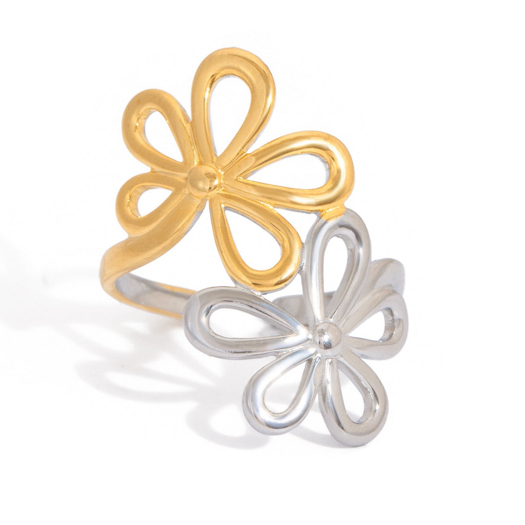 18K Gold and Silver Two Tone Floral Kiss Flower Wrap Around Ring