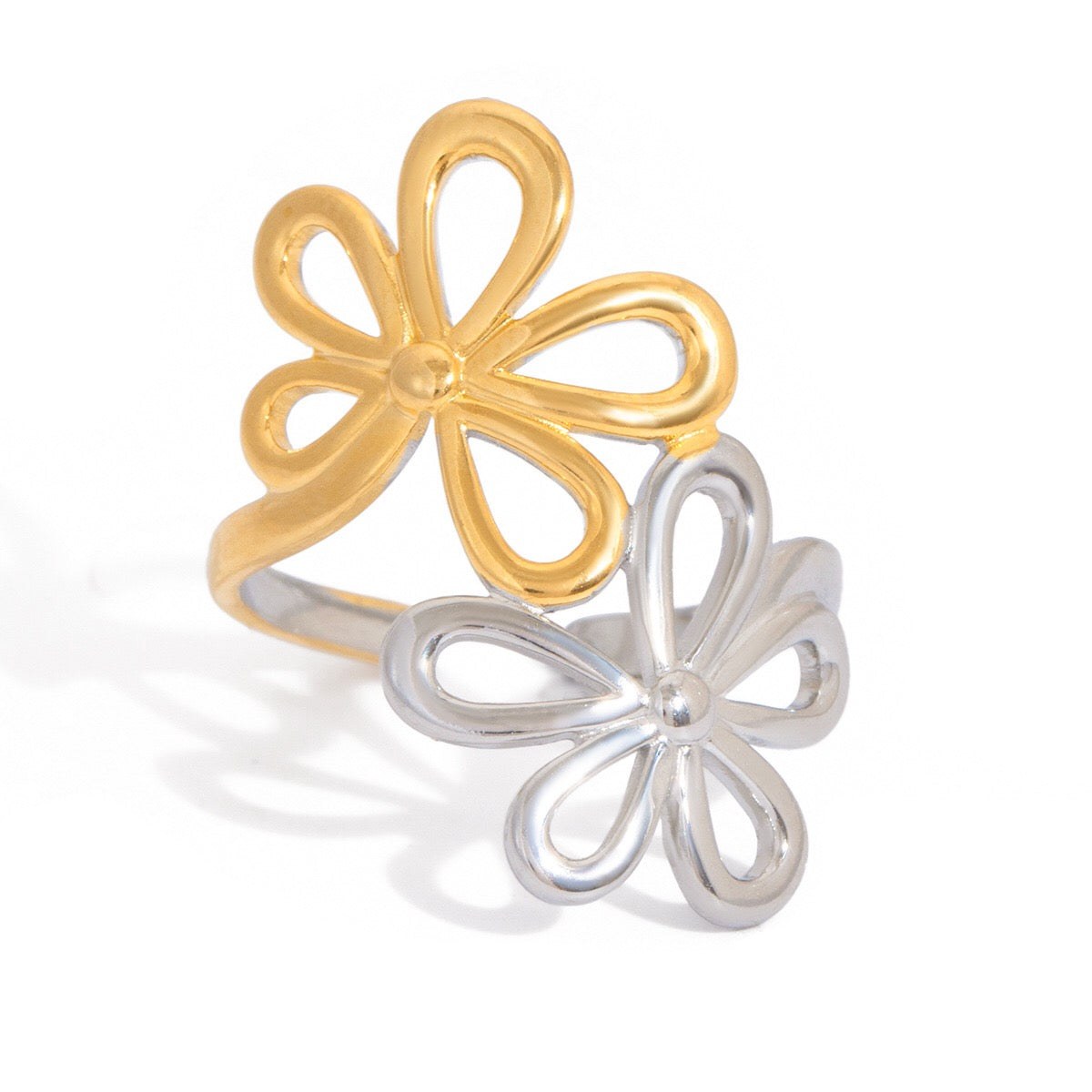 18K Gold and Silver Two Tone Floral Kiss Flower Wrap Around Ring