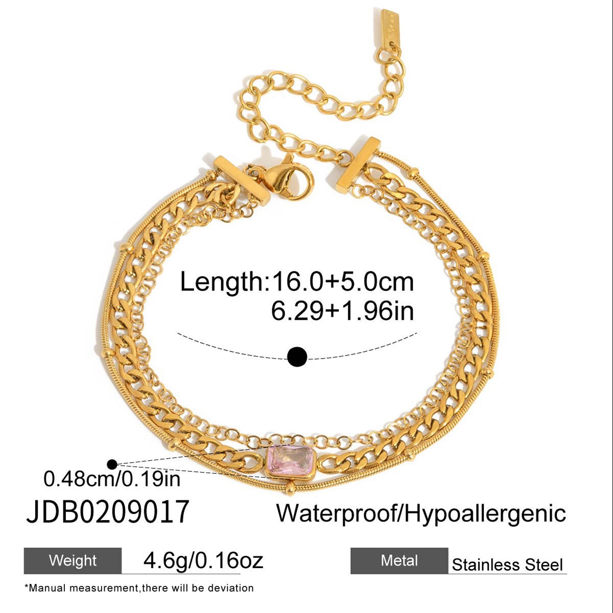 18K Gold Petite Joys Moon and Star Pink Jewel Dainty Three Chain Bracelet