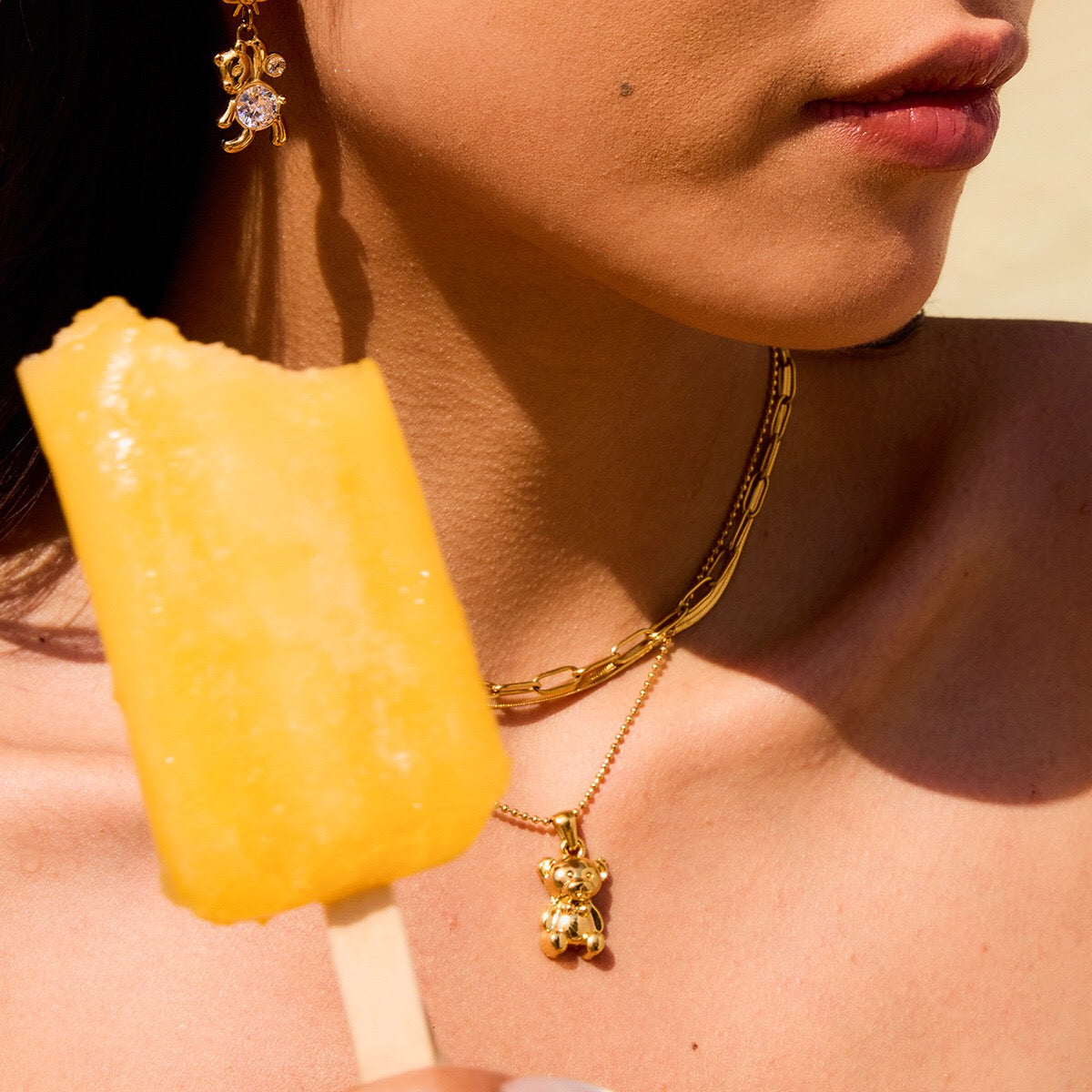 18K Gold Cute Gummy Bear Pendant Herringbone Snake Chain Layered Necklace