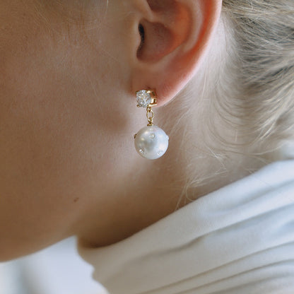 18K Gold Eternal Gleam Pearl Drop CZ Stud Dangle Earrings