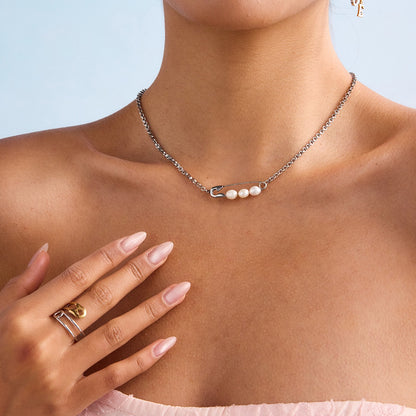 18K Gold and Silver Starry Bow Pendant Pearl Safety Pin Chain Layered Necklace Set