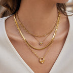 18K Gold Heart Keeper Pendant Paperclip Herringbone Snake Chain Layered Necklace Set