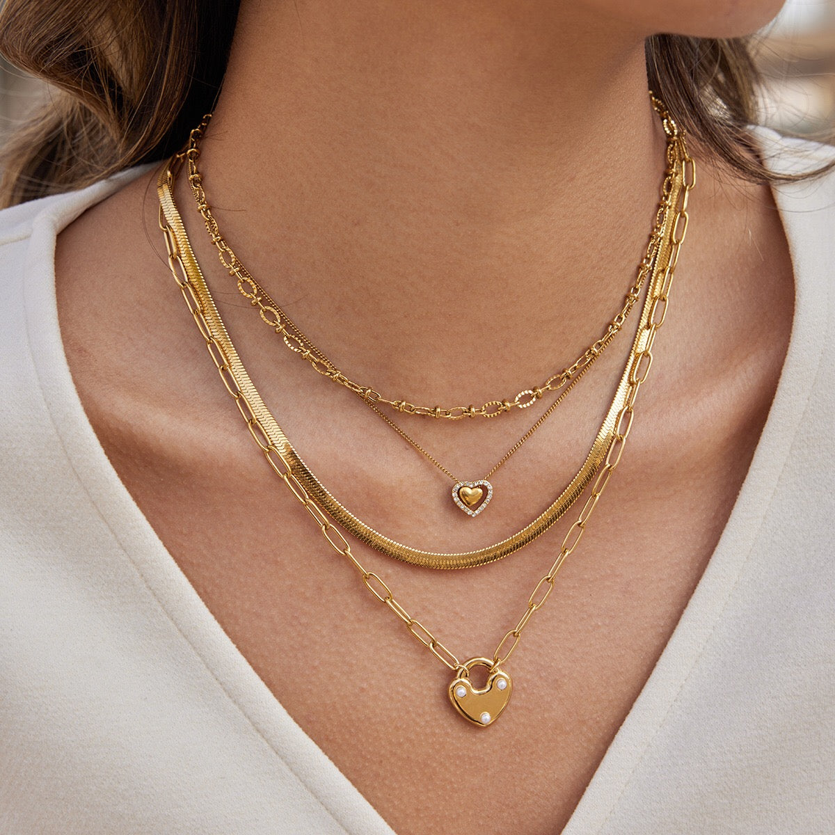 18K Gold Heart Keeper Pendant Paperclip Herringbone Snake Chain Layered Necklace Set