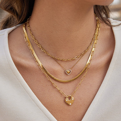 18K Gold Heart Keeper Pendant Paperclip Herringbone Snake Chain Layered Necklace Set