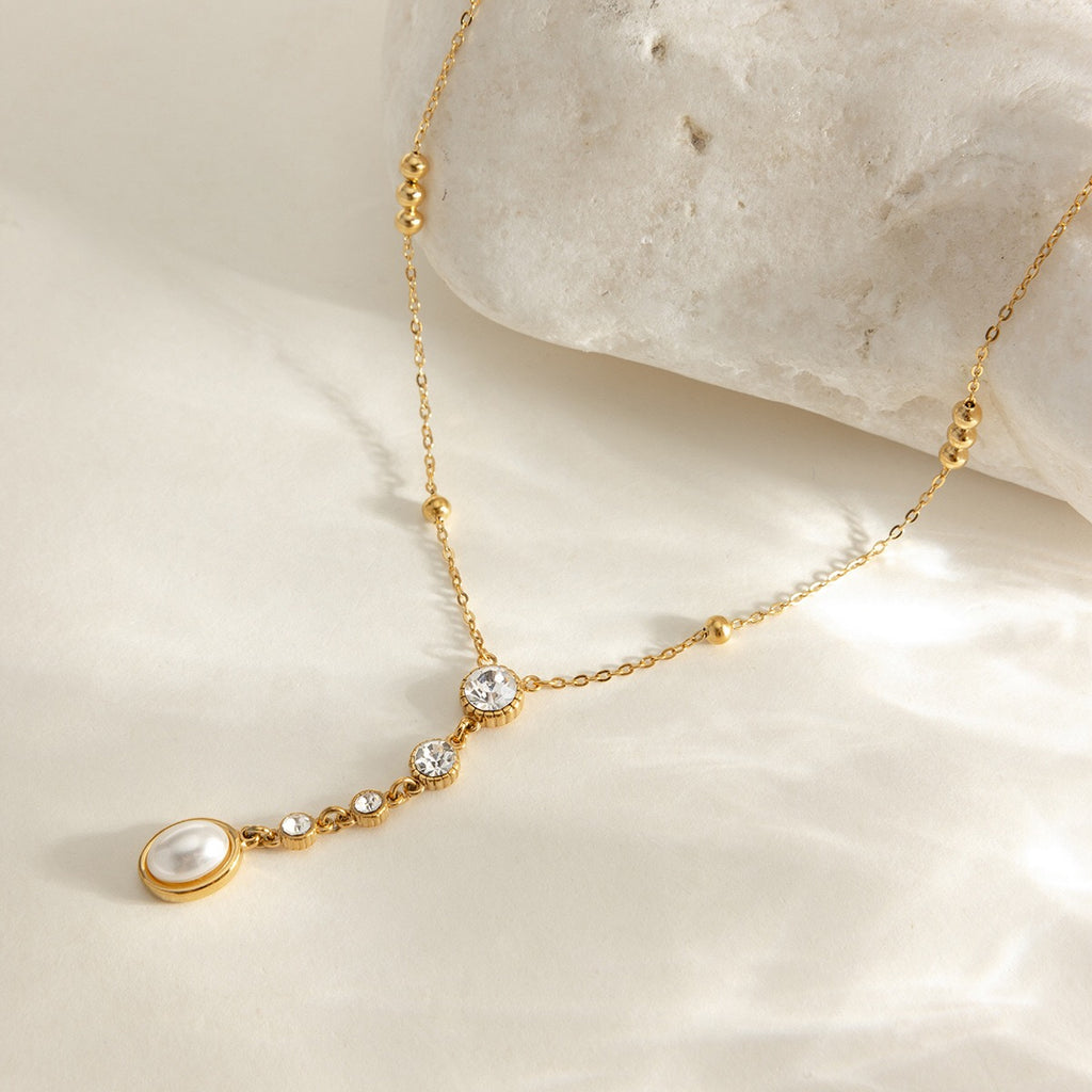 18K Gold Sweet Lumi Pearl Y Shape Lariat Dainty CZ Necklace