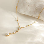 18K Gold Sweet Lumi Pearl Y Shape Lariat Dainty CZ Necklace