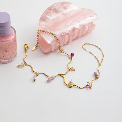 18K Gold Waterproof Pastel Gemstone Delicate Wavy Hand Chain Bracelet