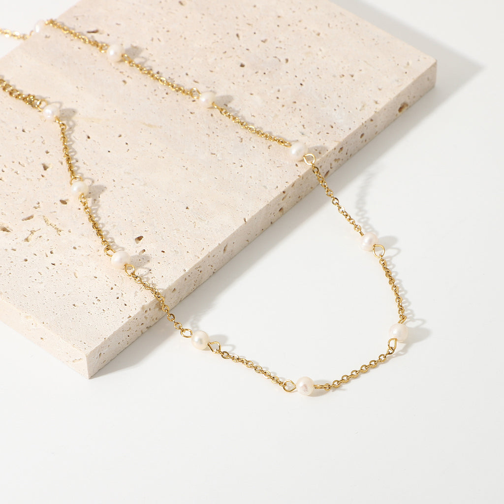 18K Gold Elegant Dainty Pearl Chain Choker Necklace