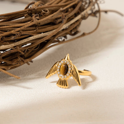 18K Gold Free Spirit Tiger Eye Bird Ring