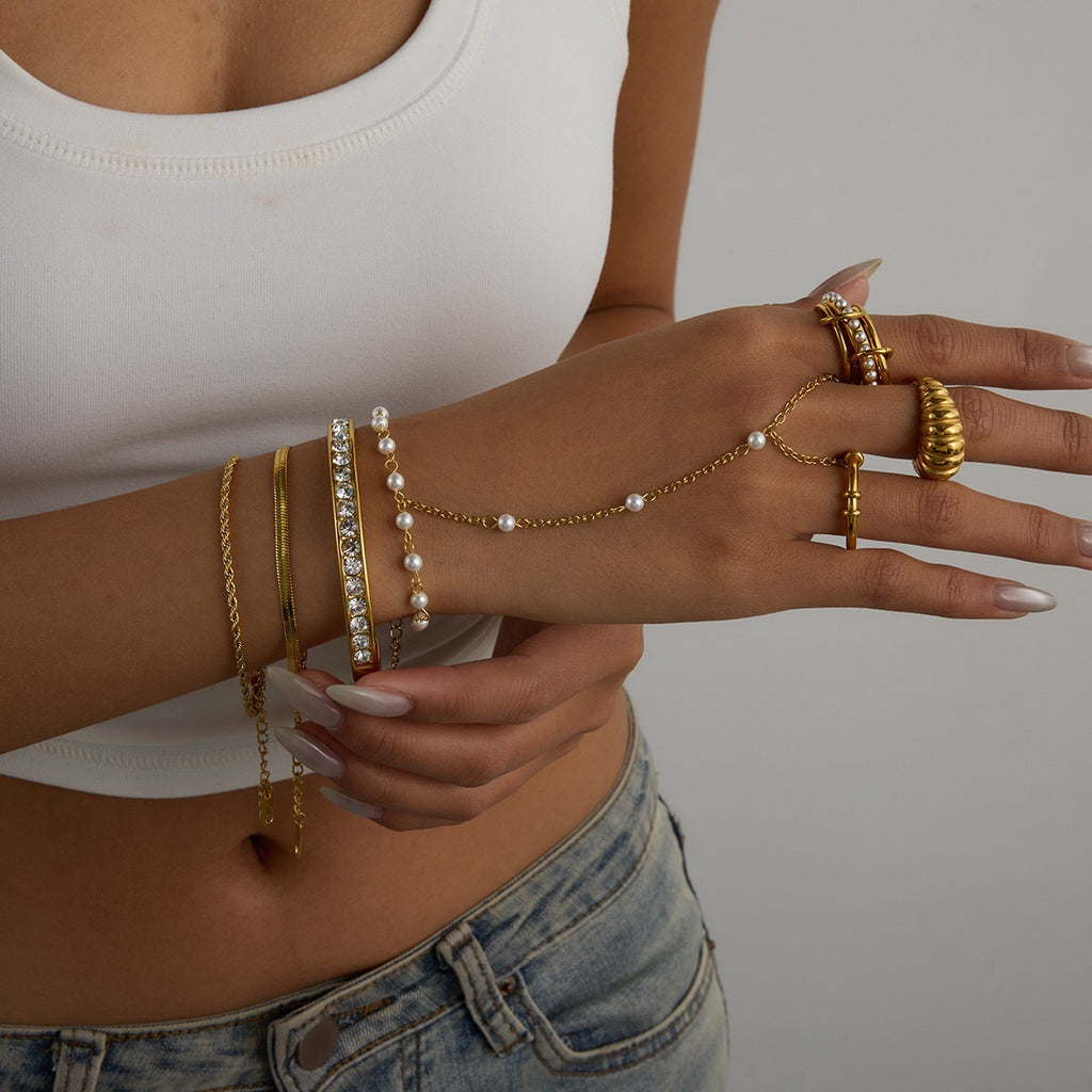18K Gold Waterproof Elegant Pearl Hand Chain Bracelet