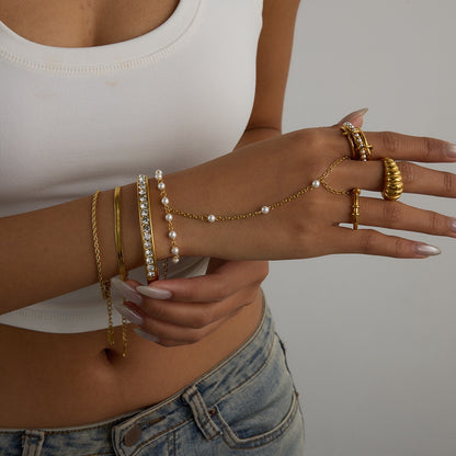 18K Gold Waterproof Elegant Pearl Hand Chain Bracelet