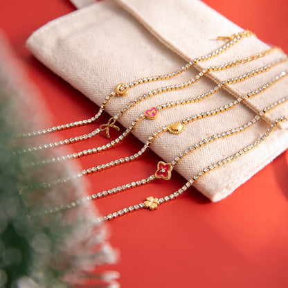 18K Gold Modern Fairytale Heart Bow Moon Clover Tennis Bracelet