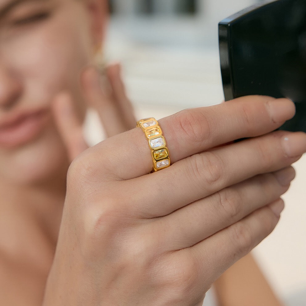 18K Gold Aura Color Gem Eternity Tennis Ring