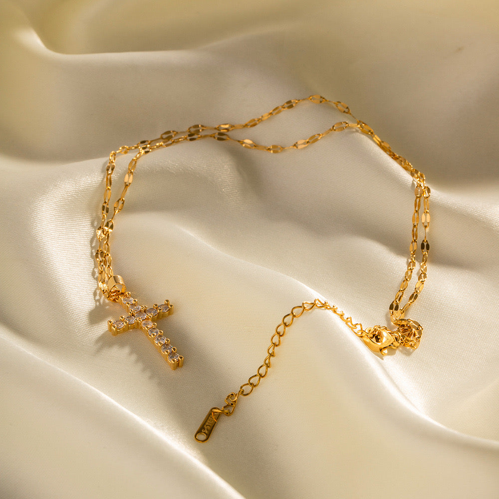 18K Gold Bling Cross CZ Pendant Necklace