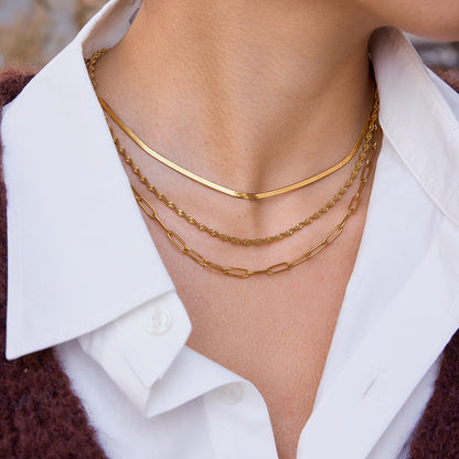 18K Gold Quiet Luxe Paper Clip Herringbone Snake Chain Layered Necklace Set