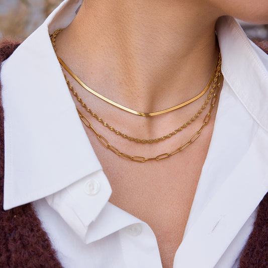 18K Gold Quiet Luxe Paper Clip Herringbone Snake Chain Layered Necklace Set