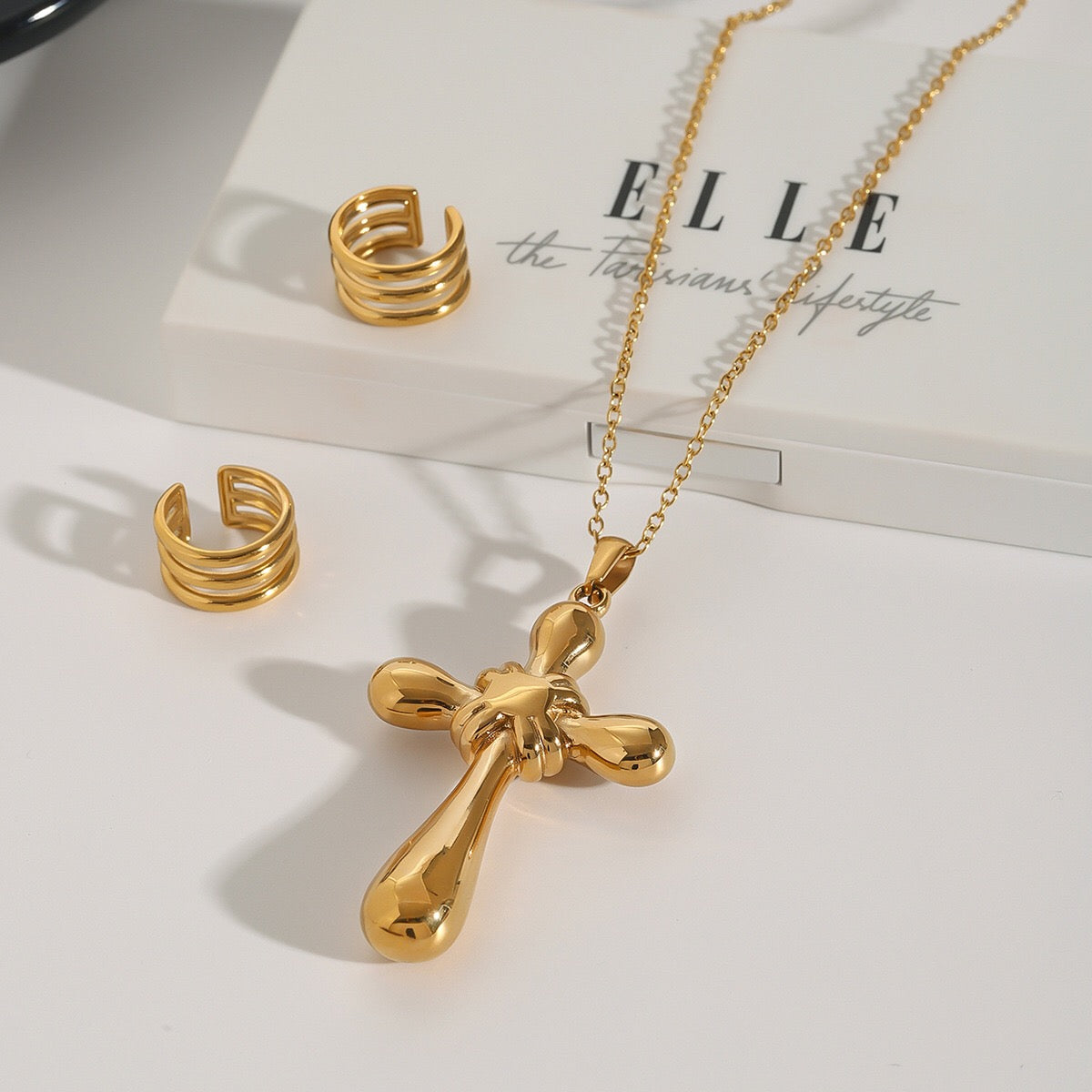 18K Gold Blue Halo Cross Pendant Statement Long Necklace