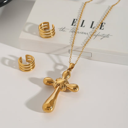 18K Gold Blue Halo Cross Pendant Statement Long Necklace
