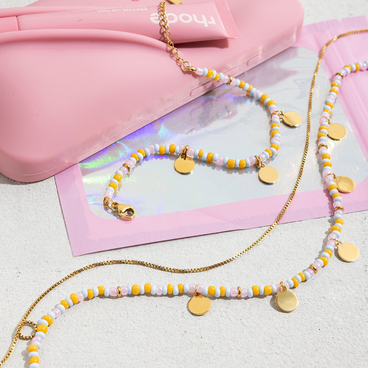 18K Gold Pastel Color Beaded Box Chain Layered Necklace Set