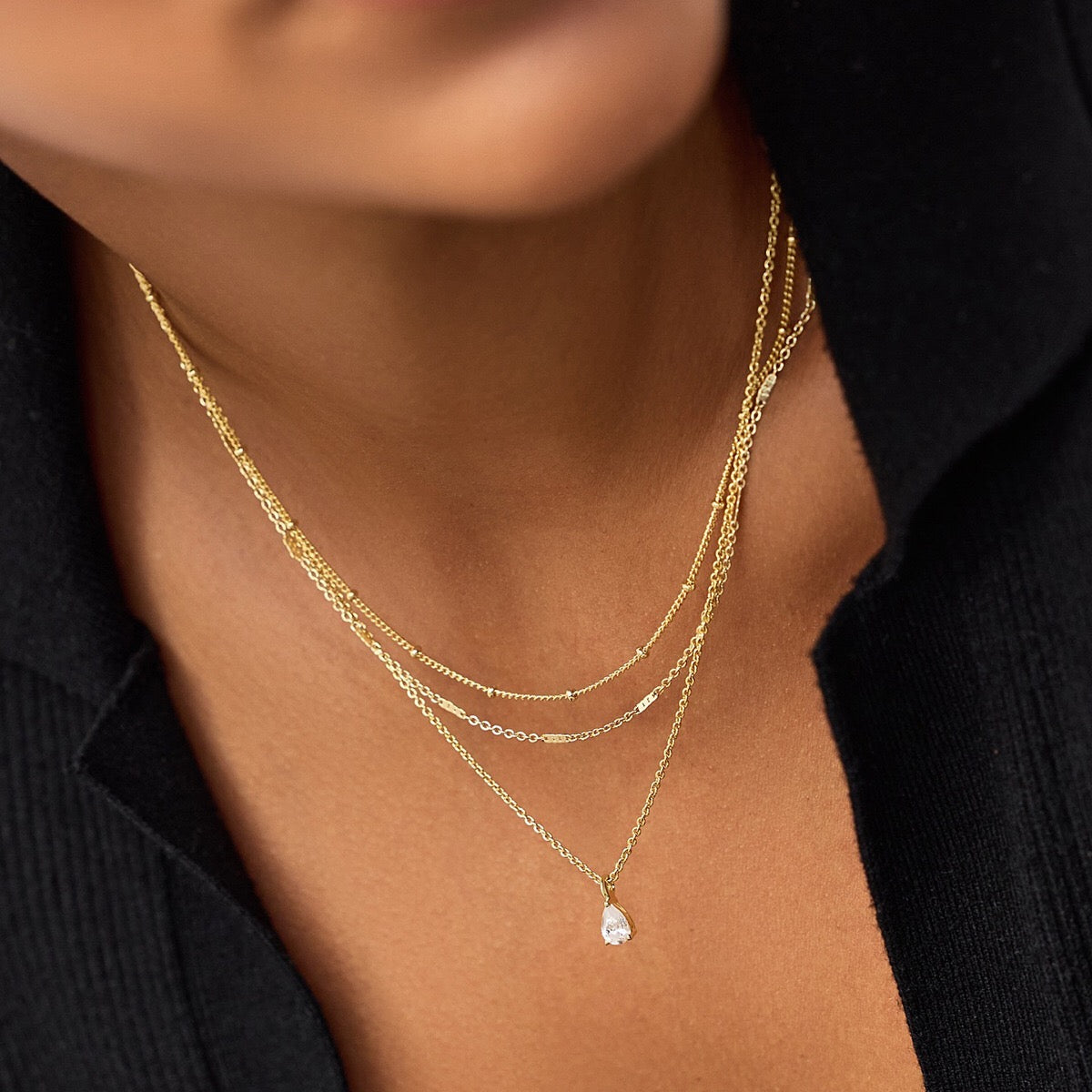 18K Gold Moonlit Tear Dainty Chain Layered Necklace Set