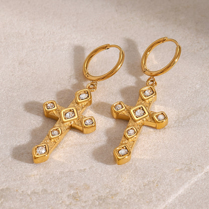 18K Gold Bling Cross Huggie Earrings with Charm