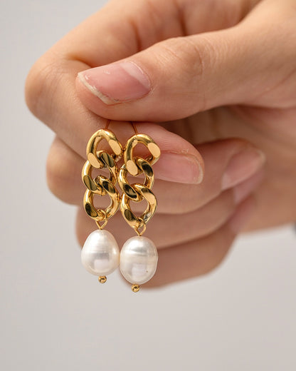 18K Gold Cuban Link Pearl Stud Dangle Earrings