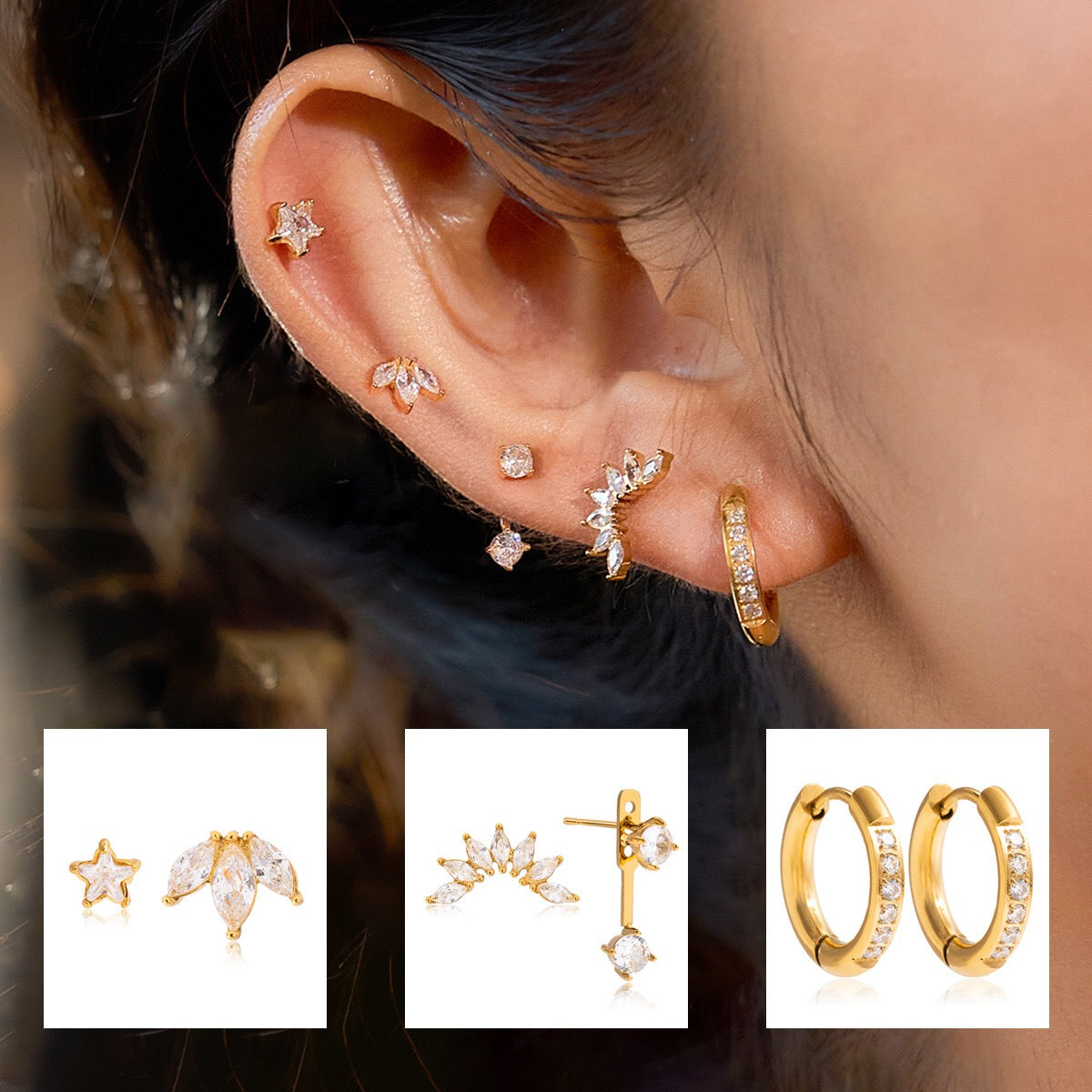 18K Gold Tiny Desire Dainty Huggie Cartilage Earrings Set