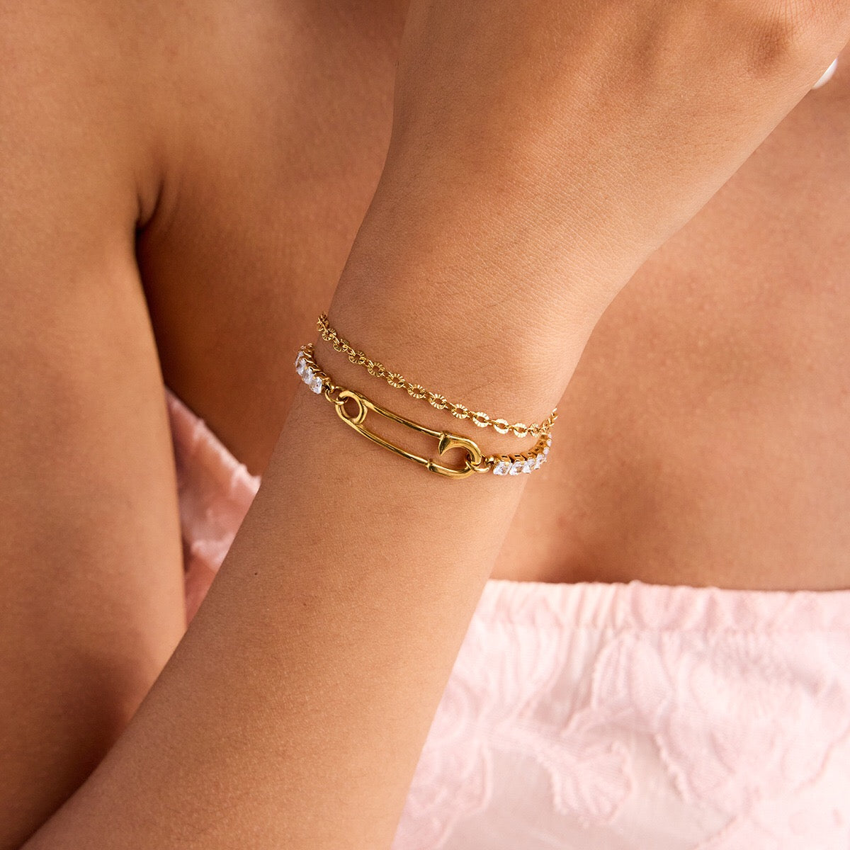 18K Gold Safety Pin Tennis Double Chain Heart Bangle Bracelet Stack