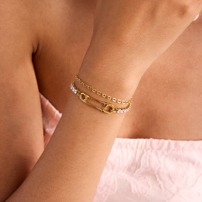 18K Gold Safety Pin Tennis Double Chain Heart Bangle Bracelet Stack