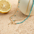 18K Gold Turquoise Beads Bow Pendant Double Chain Layered Necklace Set