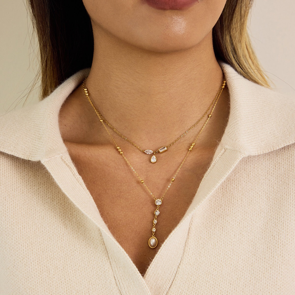 18K Gold Sweet Lumi Pearl Y Shape Lariat Dainty CZ Necklace