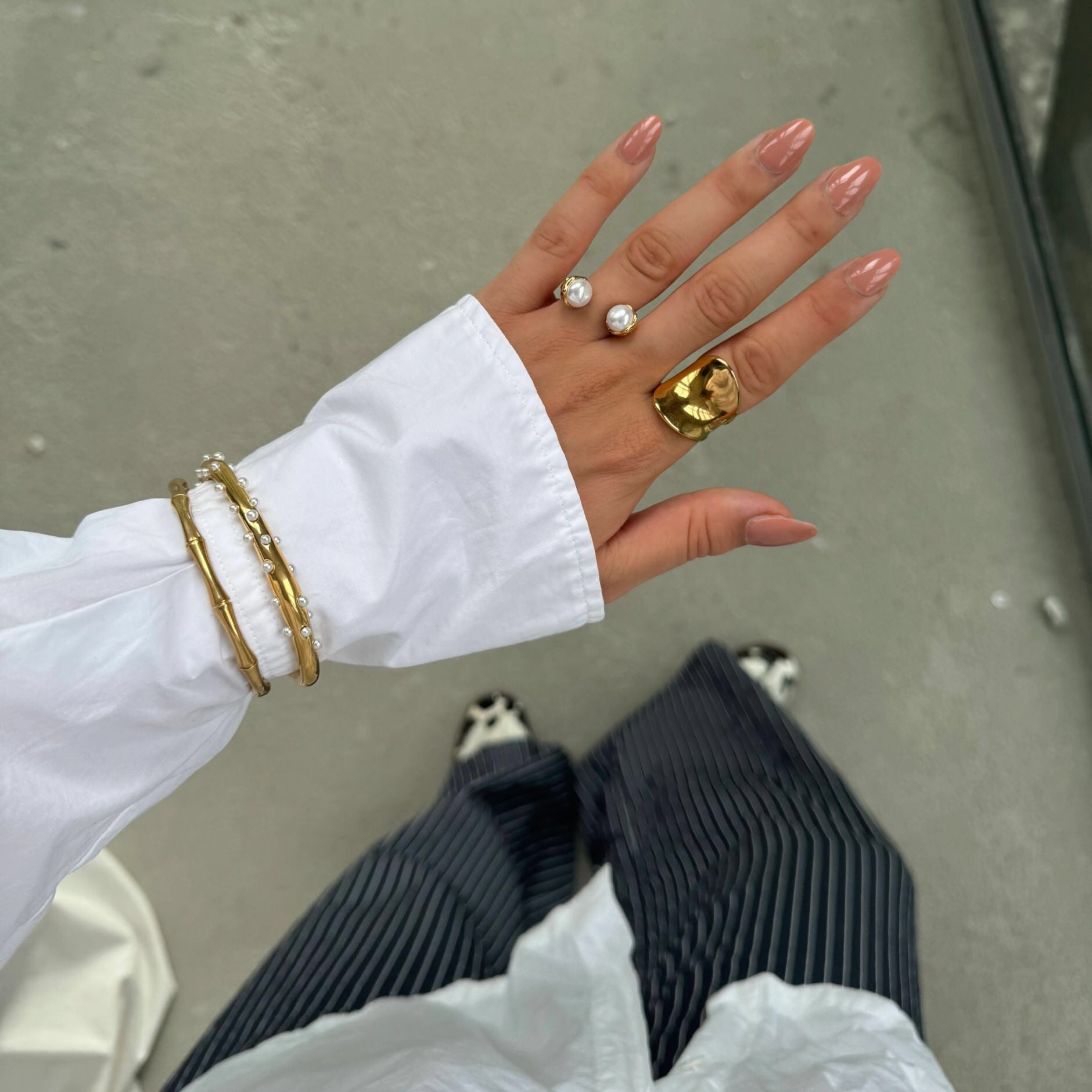 18K Gold Graceful Command Pearl Statement Cuff Ring