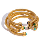 18K Gold Natural Stone Twisted Ribbed Cuff Bangle Bracelet