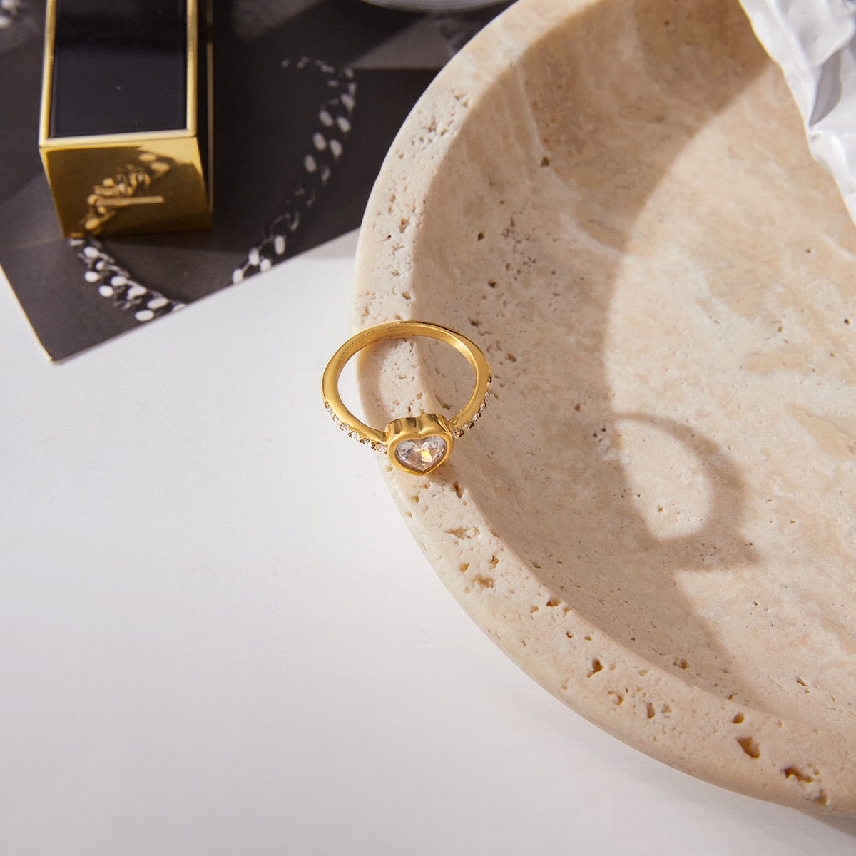 18K Gold Flirt Alert Flower Heart Statement CZ Stacking Ring