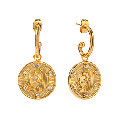 18K Gold Celestial Coin Huggie Earrings with Charm