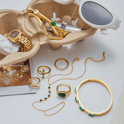 18K Gold Emerald Heiress Cross Snake Statement CZ Cocktail Ring