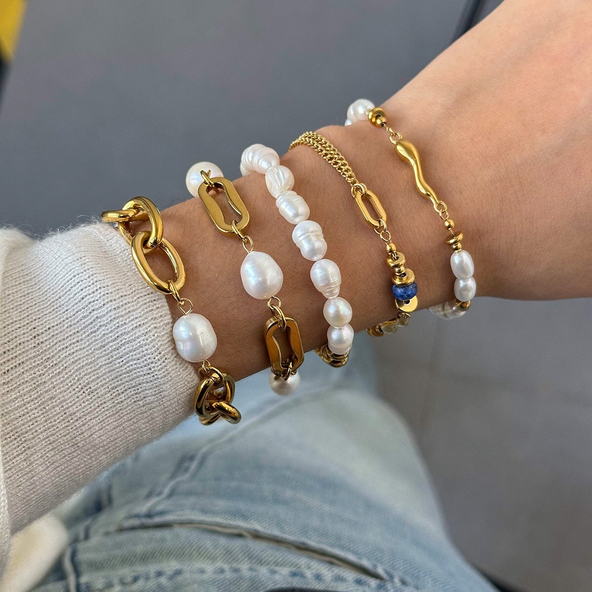 18K Gold Elegant Harmony Pearl Paperclip Chain Bracelet Stack
